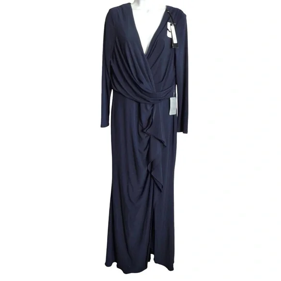 New Betsy & Adam Navy  "Elle" Long Sleeve Side Ruffled Slit Gown Size 14 - Picture 11 of 15